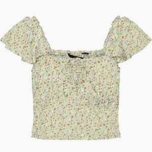 NEW VERO MODA Nordstrom Lace Up Crop Top Pastel Green Floral Flutter Sleeves XL